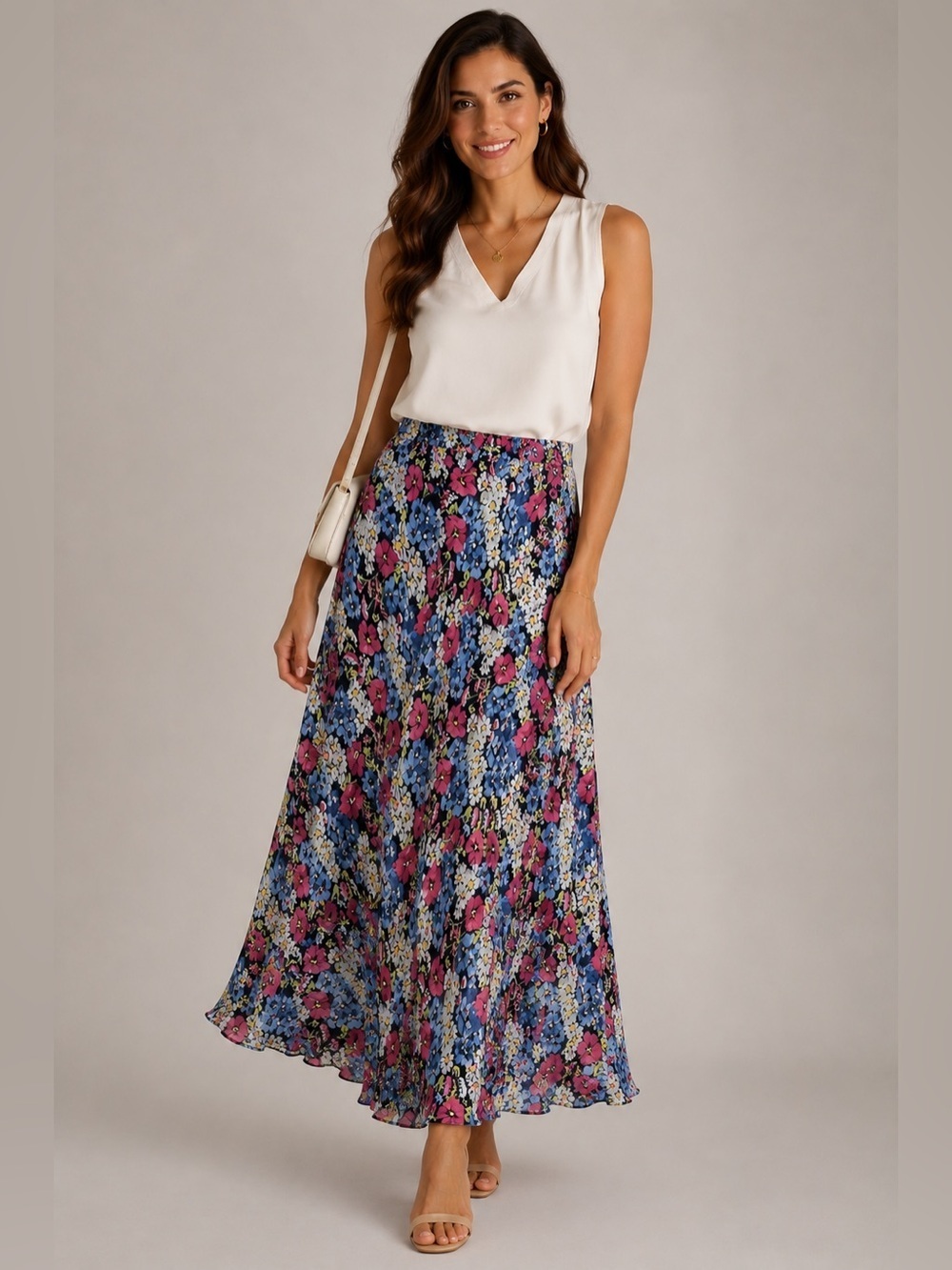 Jones New York Silk Floral A-Line Skirt Size 8 Blue Pink White Midi Lined VTG